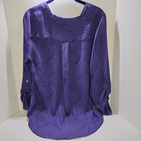 Apt. 9 - Purple, V Neckline, Geometric Pattern, Cuffed Sleeve Blouse - Picture 3 of 5